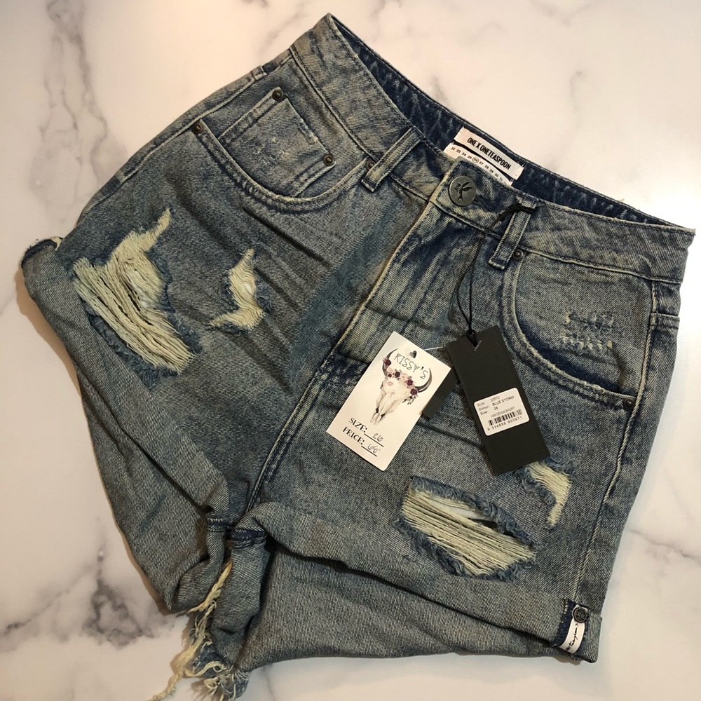 One Teaspoon High Waisted Shorts - Blue Storm Wash